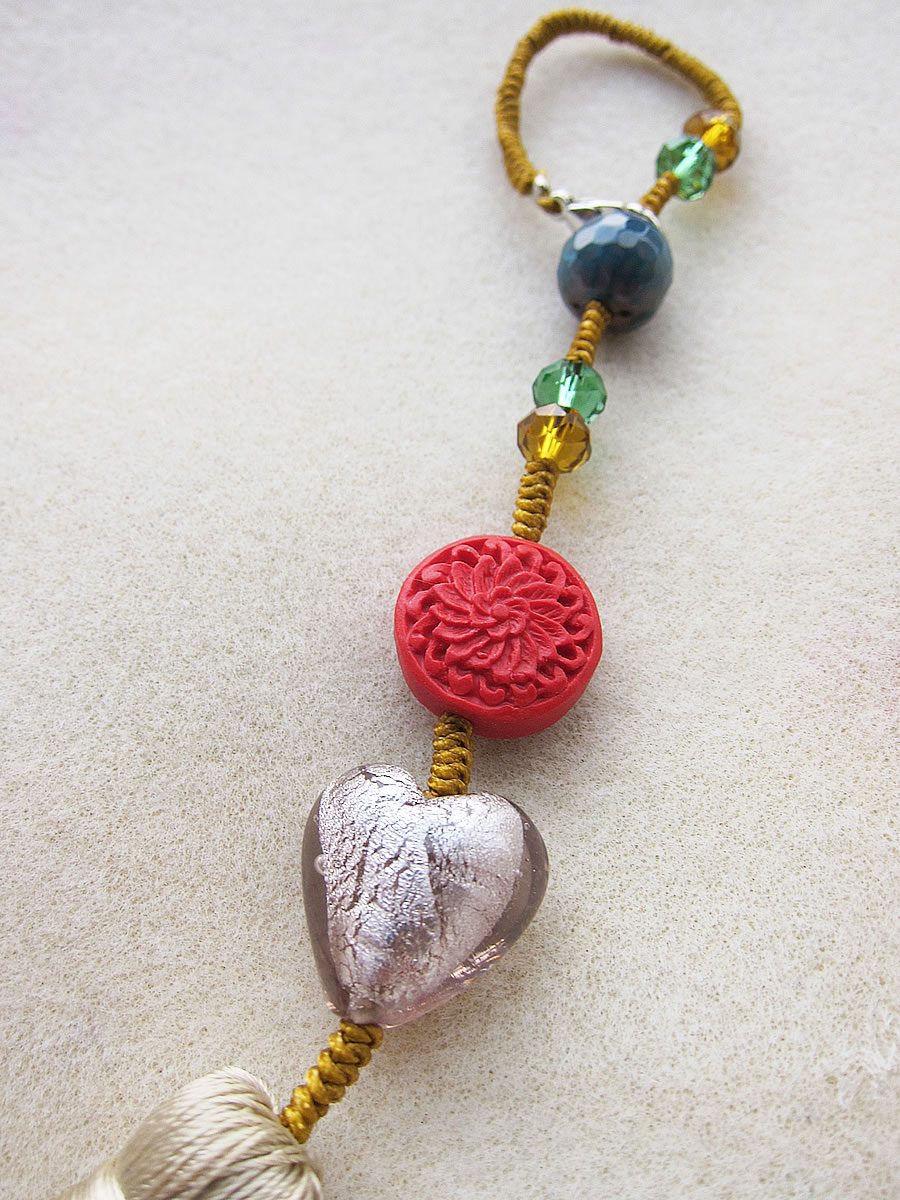 Red Cinnabar & Beige Tassel Charm - Image 2
